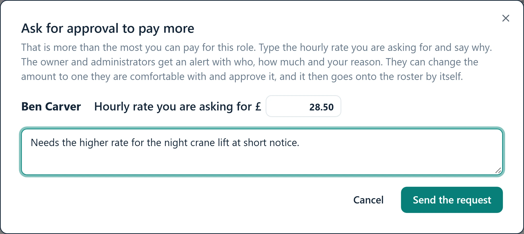 The Ask for approval box where a consultant explains why they need to pay more