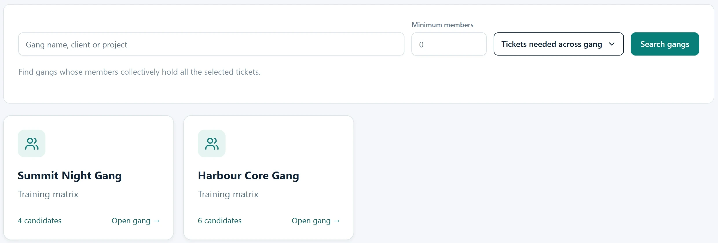 The gangs page with a search for gangs holding all the tickets you need