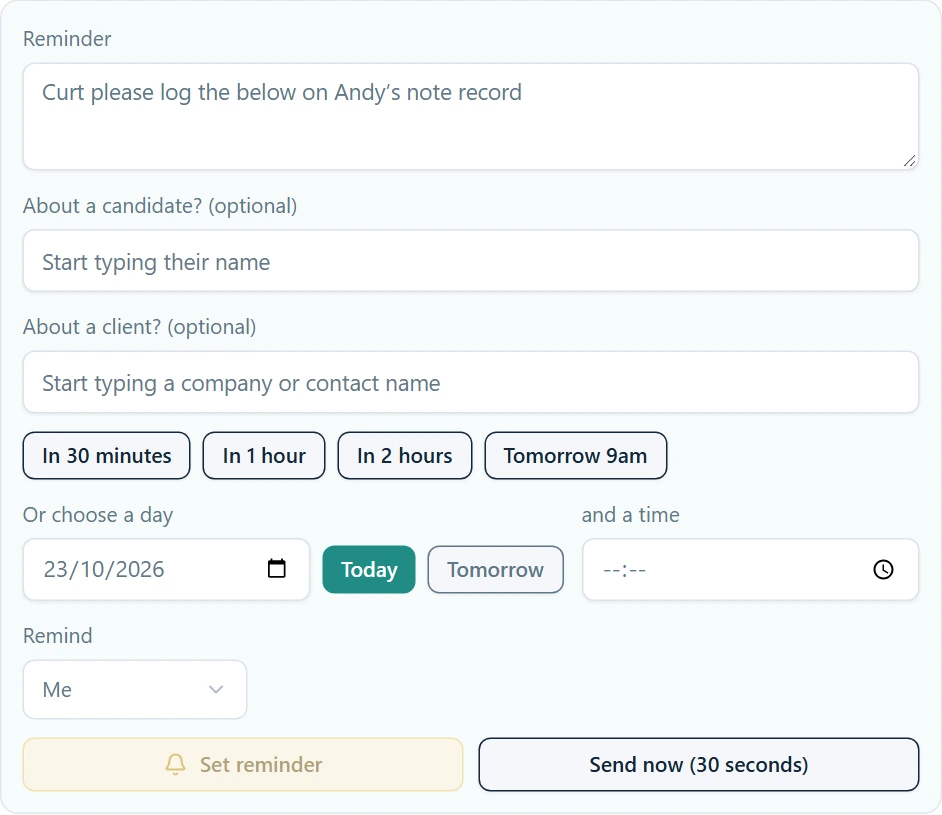 The reminder form with a candidate, a time and who it is for