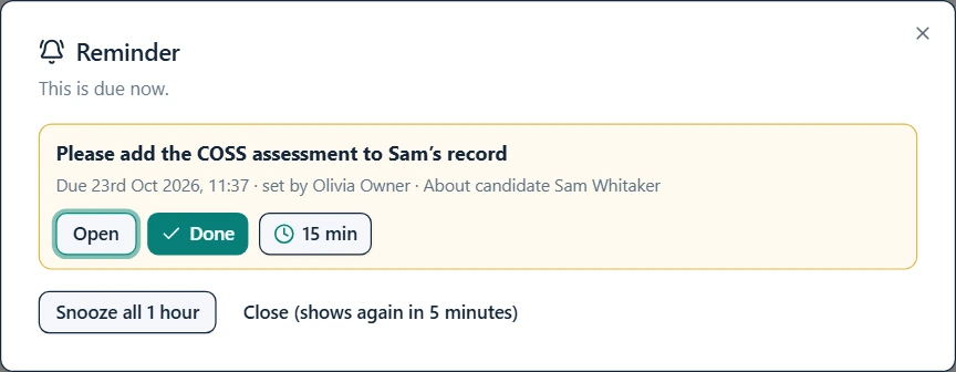 The reminder appearing on the colleague's screen with Open, Done and snooze buttons