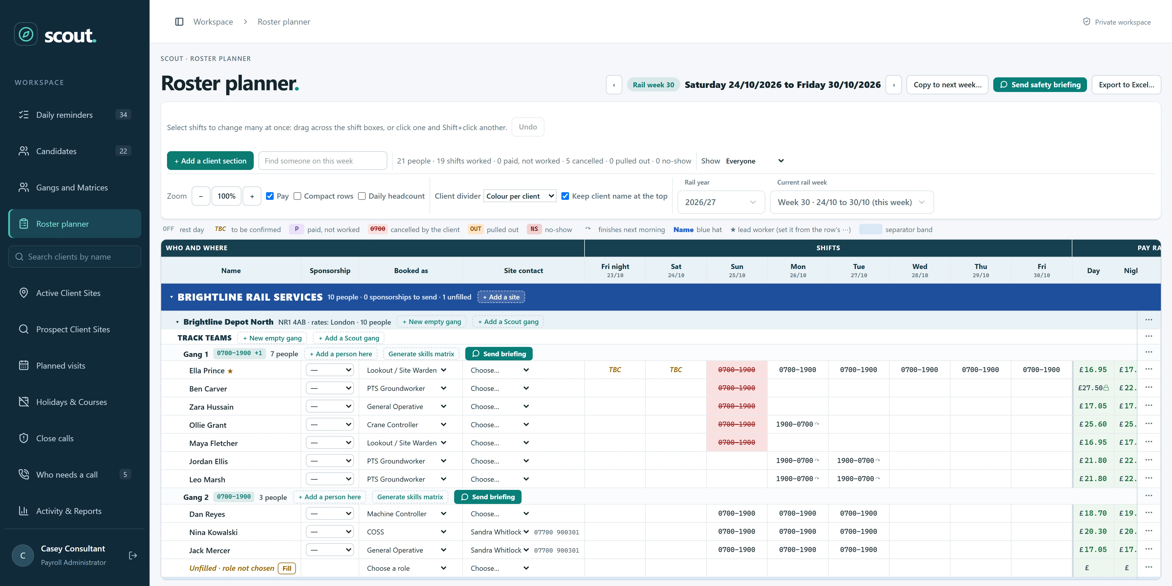 The Scout roster planner showing a rail week with client sections, gangs, shifts and pay rates