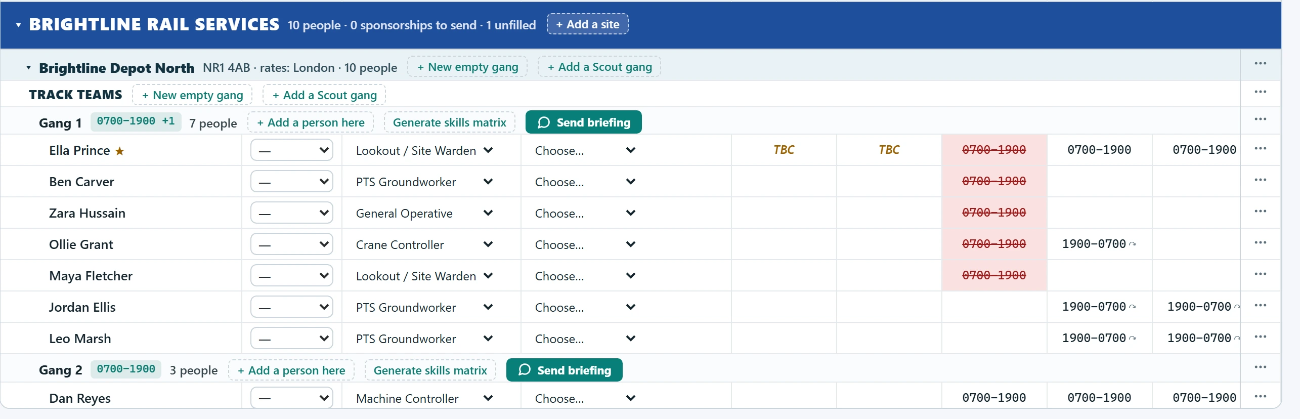 The roster planner showing a client, a site, two gangs and a week of shifts