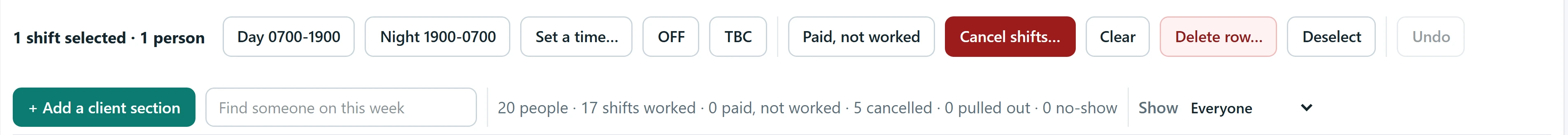 The roster toolbar with Paid not worked and Cancel shifts buttons