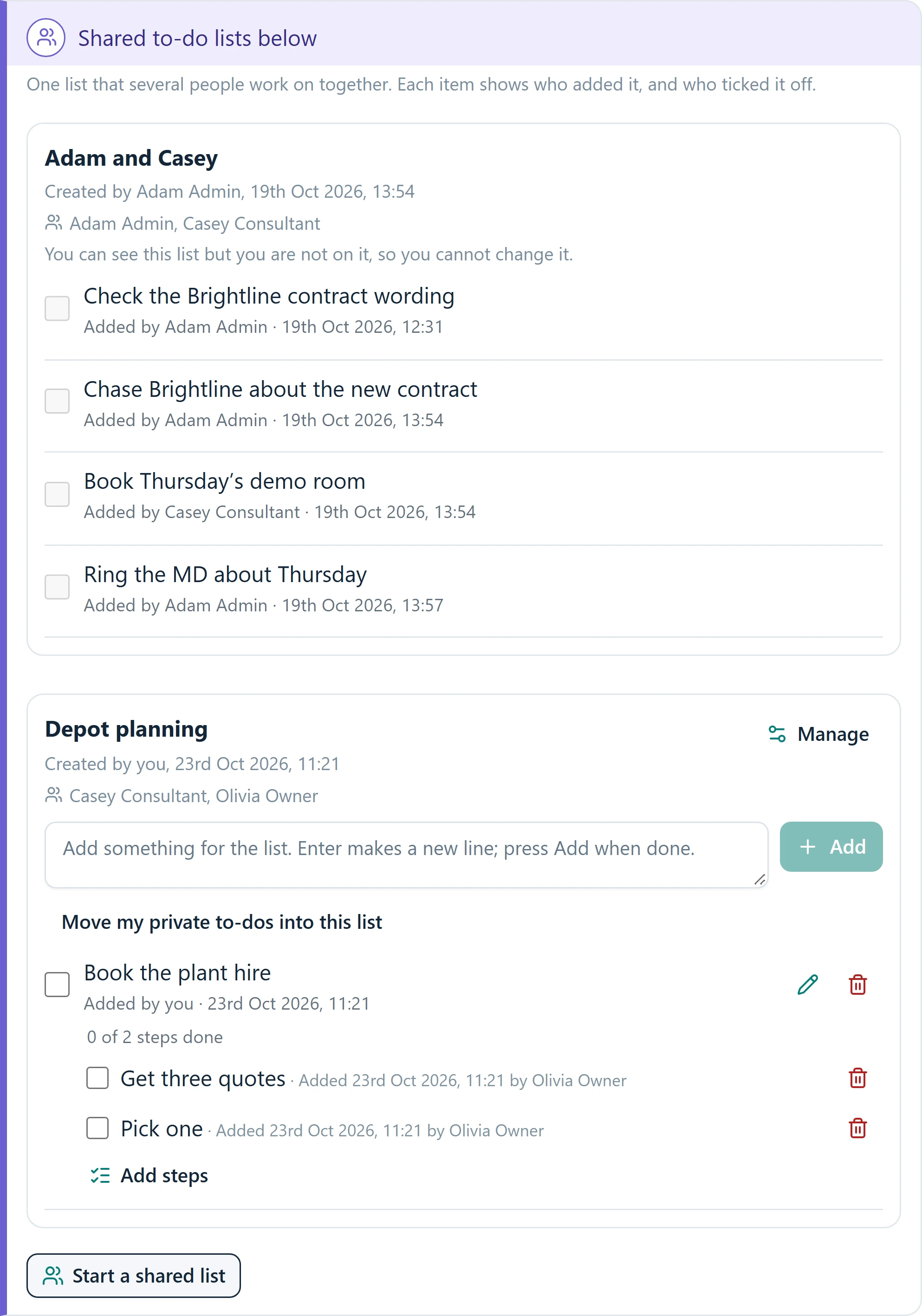 Shared to-do lists between colleagues, each item showing who added it