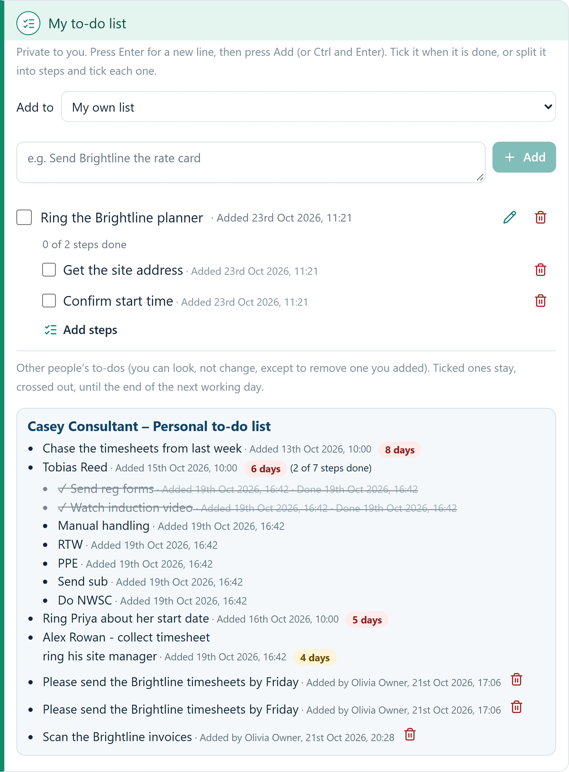 A to-do list with steps, and another colleague's list showing items added by the owner
